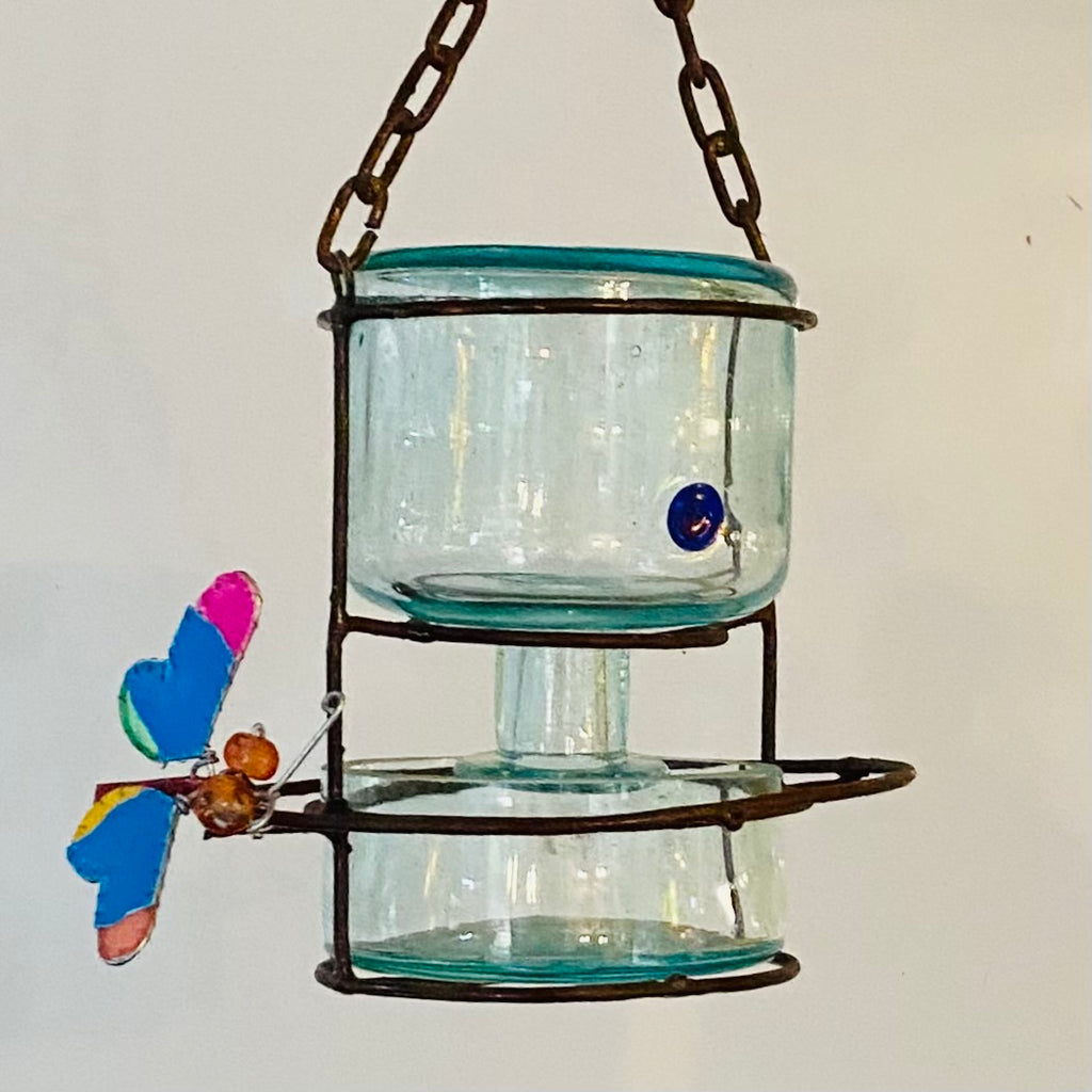 Blown glass - bottle in metal stand birdfeeder