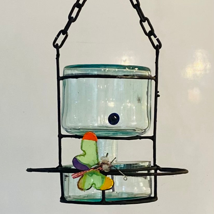 Blown glass - bottle in metal stand birdfeeder