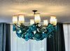 Chandelier 'Kitengela Classic' 8 light cups, turquoise & grey flowers