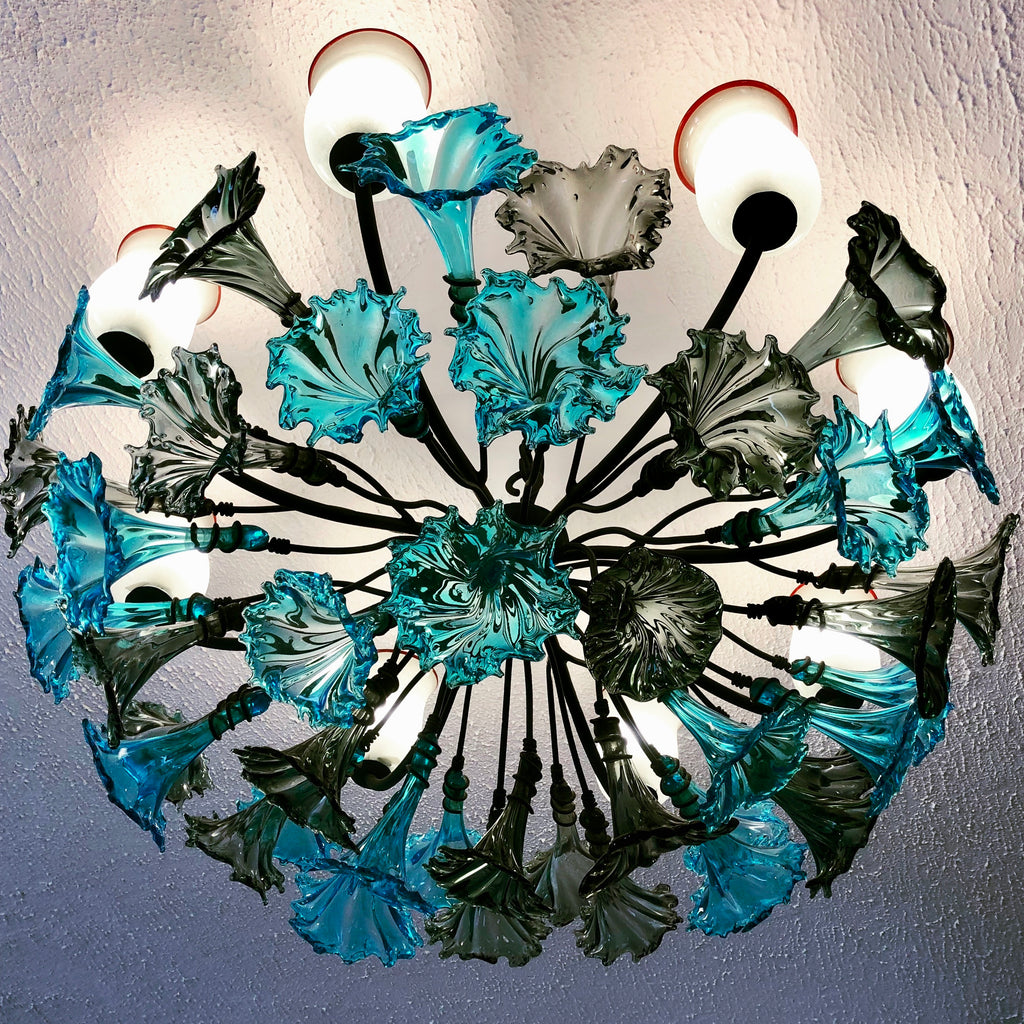 Chandelier 'Kitengela Classic' 8 light cups, turquoise & grey flowers