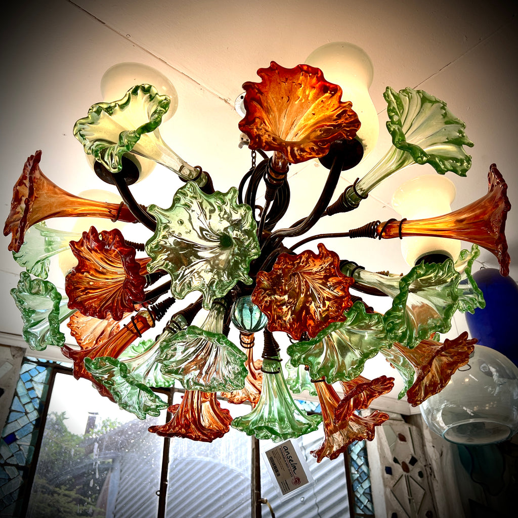 Chandelier 'Kitengela Classic' 80cm dia, 6 light cups, 12 red flowers, 12 green flowers